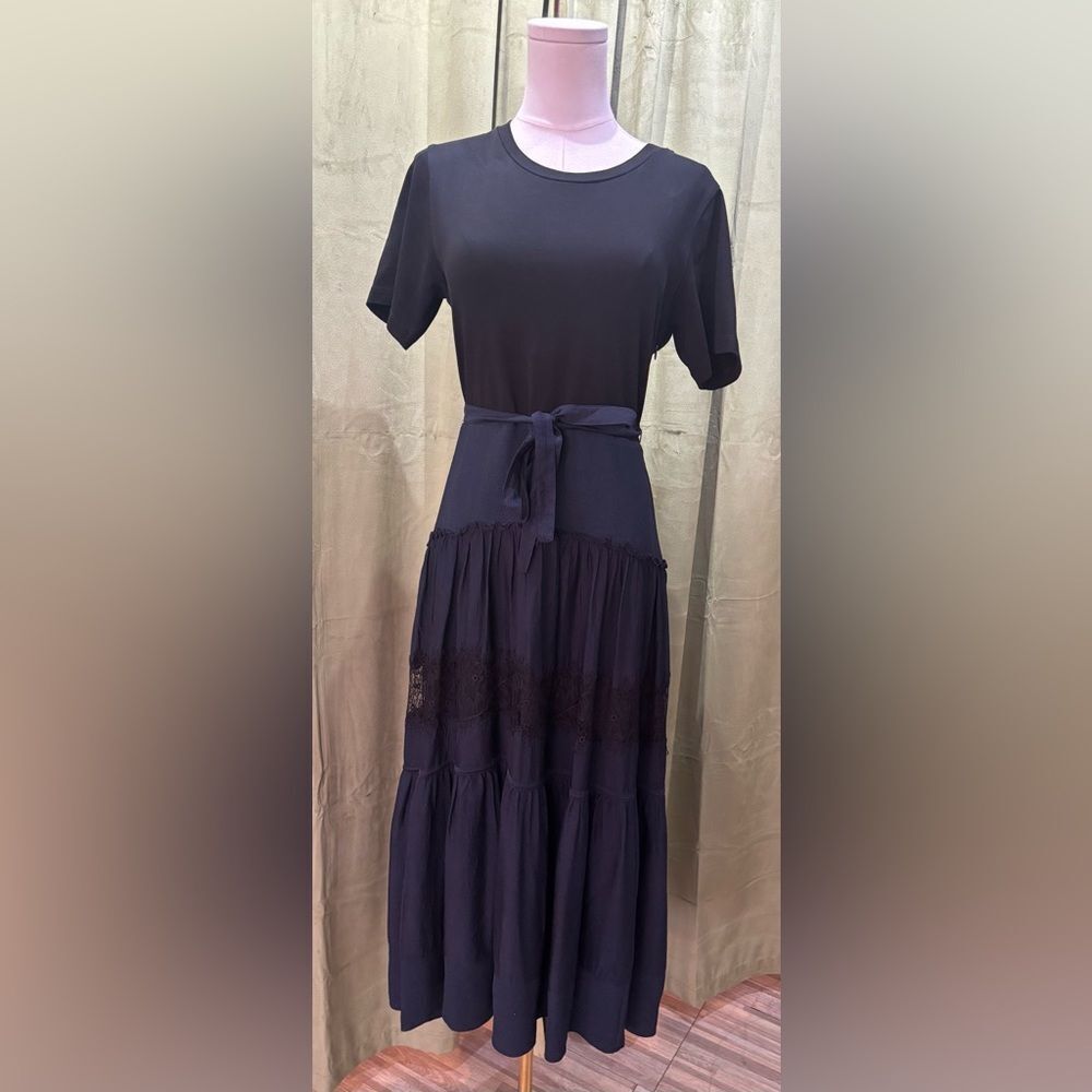 Philip Lim Chic Black/ blue  Midisilk  Dress with Lace Detail, US2